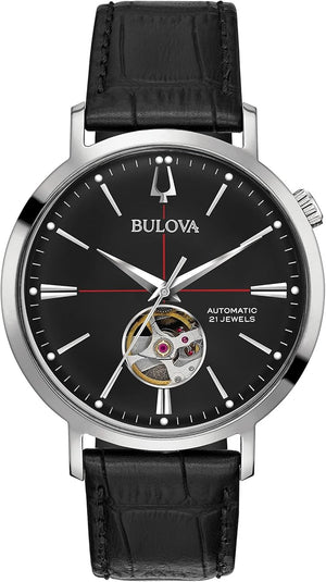 Bulova Men's Classic Aerojet 3-Hand Automatic Leather Strap Watch, Open Aperture, 40-Hour Power Reserve, Double Curved Mineral Crystal, 41mm