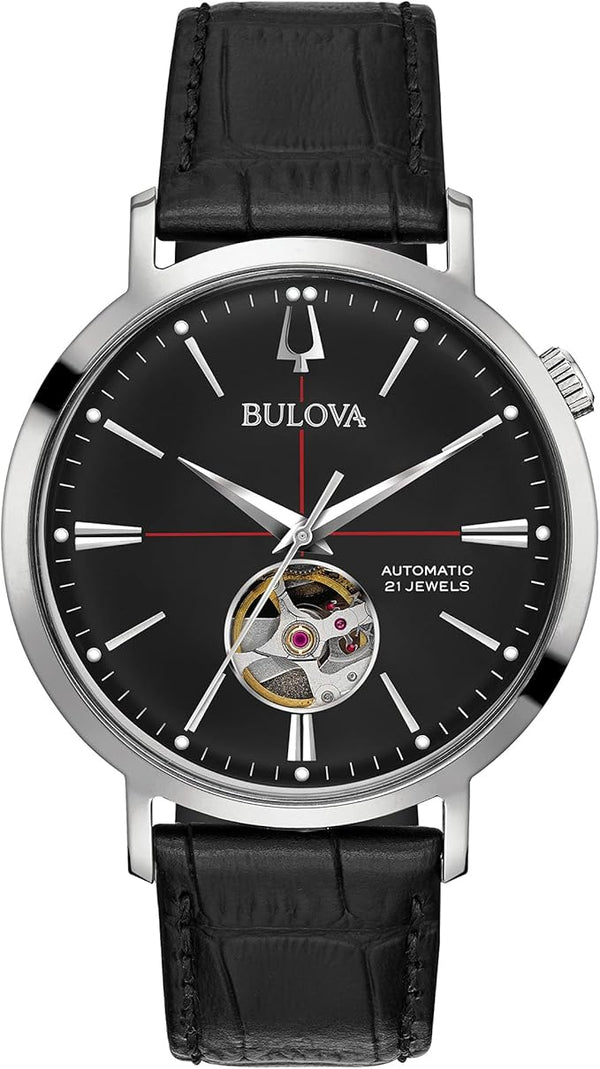 Bulova Men's Classic Aerojet 3-Hand Automatic Leather Strap Watch, Open Aperture, 40-Hour Power Reserve, Double Curved Mineral Crystal, 41mm