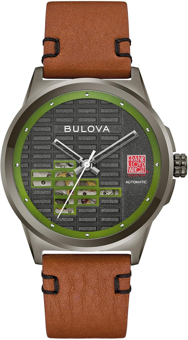 Bulova Men's Automatic Frank Lloyd Wright 'Toufic H. Kalil House', Ion-Plated Stainless Steel Case with Leather Strap, Special Patterned Dial & Exhibition Case Back (Style: 98A330)