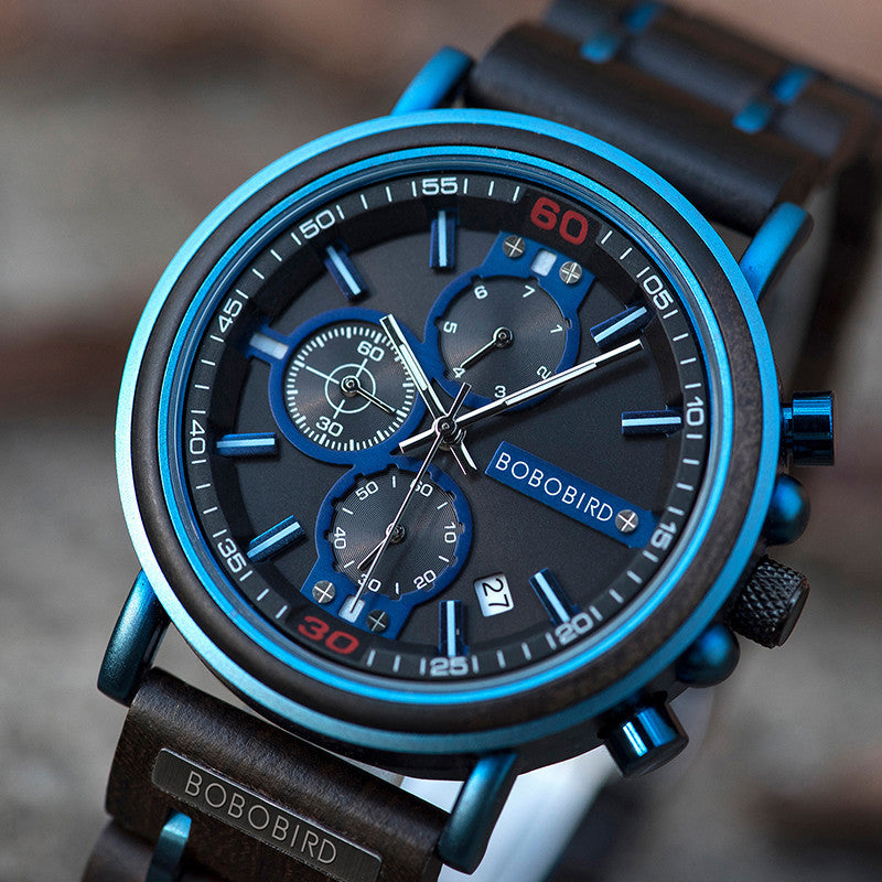 Blue Wooden Chronograph Watch 3