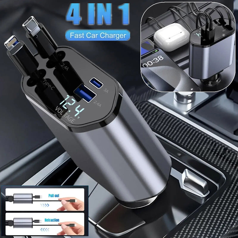 4 In 1 Retractable Car Charger Fast Car Phone Charger 120W With USB Type C Cable 1