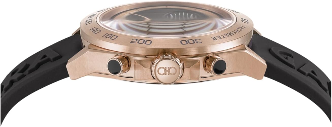 Ferragamo Urban Chrono Collection Luxury Mens Watch Timepieces with a Black Strap and Dial Featuring a Rose Gold Case