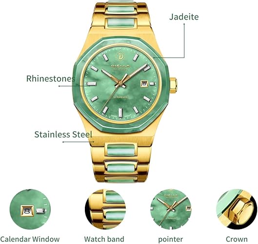 Diella Automatic Watches for Men Mens Watches Waterproof Date Luminous, Dial is Inlaid with Emerald Jade, Business Dress Watch with Diamond Hour Markers, Automatic Watches for Men Luxurious Gift
