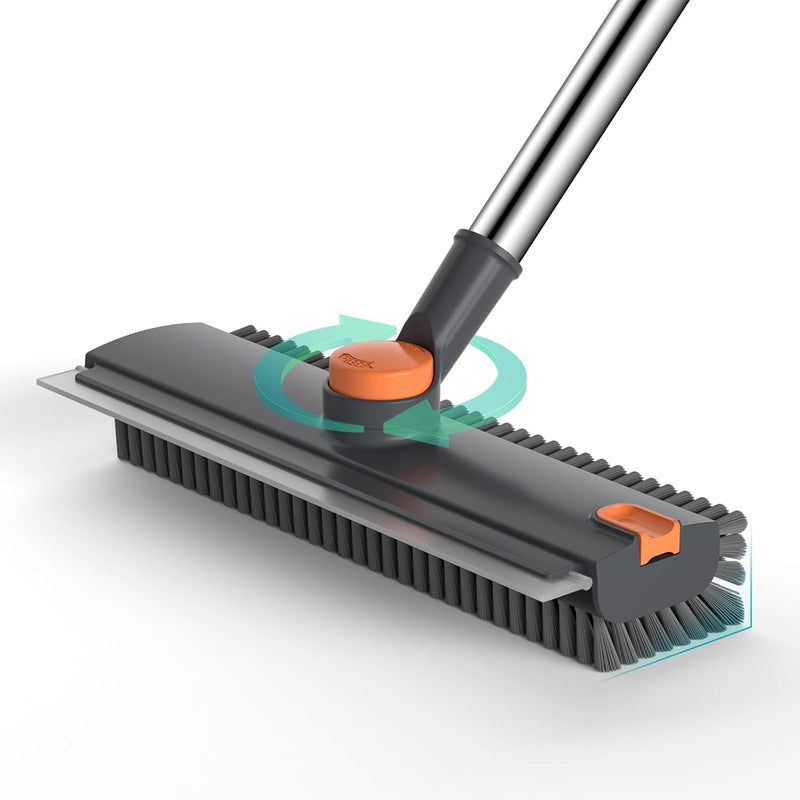 Floor Scrub Brush with Long Handle Length Adjustable, 3 in 1 Heavy-Duty Stiff 90° Bristle Floor Scrubber Broom with Squeegee, Cleaning Brush for Bathroom, Garage, Kitchen, Tile, Deck & Patio 1