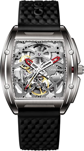 CIGA Design Skeleton Watch Z Series Titanium Automatic Mechanical Wristwatch Sapphire Tonneau Analog Men's Watches 3ATM Waterproof with Removable Silicone and Leather Strap Unisex Steampunk Gift