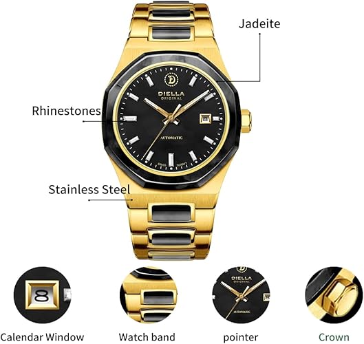 Diella Automatic Watches for Men Mens Watches Waterproof Date Luminous, Dial is Inlaid with Emerald Jade, Business Dress Watch with Diamond Hour Markers, Automatic Watches for Men Luxurious Gift