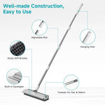 Floor Scrub Brush with Long Handle Length Adjustable, 3 in 1 Heavy-Duty Stiff 90° Bristle Floor Scrubber Broom with Squeegee, Cleaning Brush for Bathroom, Garage, Kitchen, Tile, Deck & Patio 12