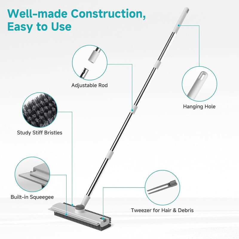 Floor Scrub Brush with Long Handle Length Adjustable, 3 in 1 Heavy-Duty Stiff 90° Bristle Floor Scrubber Broom with Squeegee, Cleaning Brush for Bathroom, Garage, Kitchen, Tile, Deck & Patio 12