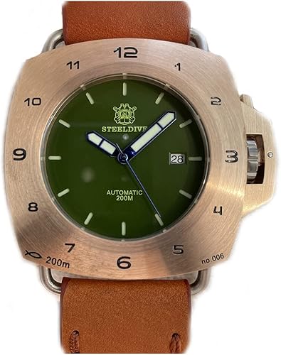 LOve Peace STEELDIVE Limited Edition Mens Watches Luminous Green Dial 47MM Square Bronze Dive Watch with Leather Strap Wristwatches (SD1935S)