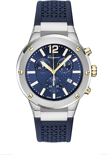 Ferragamo F-80 Chrono Collection Luxury Mens Watch Timepieces with a Black Strap Featuring a Stainless Steel Case and a Blue Dial