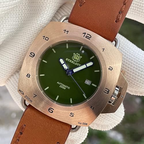 LOve Peace STEELDIVE Limited Edition Mens Watches Luminous Green Dial 47MM Square Bronze Dive Watch with Leather Strap Wristwatches (SD1935S)