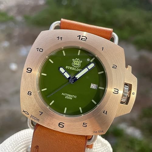 LOve Peace STEELDIVE Limited Edition Mens Watches Luminous Green Dial 47MM Square Bronze Dive Watch with Leather Strap Wristwatches (SD1935S)