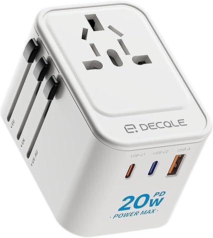 Universal Travel Adapter, International Travel Plug Adapter with 2 USB-C(PD 20W) ＆ 1 USB-A Ports, All in One Portable Adaptor, for USA, UK, EU, AU ＆ 224+ Countries (White) US
