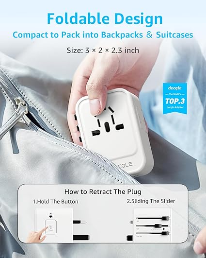 Universal Travel Adapter, International Travel Plug Adapter with 2 USB-C(PD 20W) ＆ 1 USB-A Ports, All in One Portable Adaptor, for USA, UK, EU, AU ＆ 224+ Countries (White) US 7