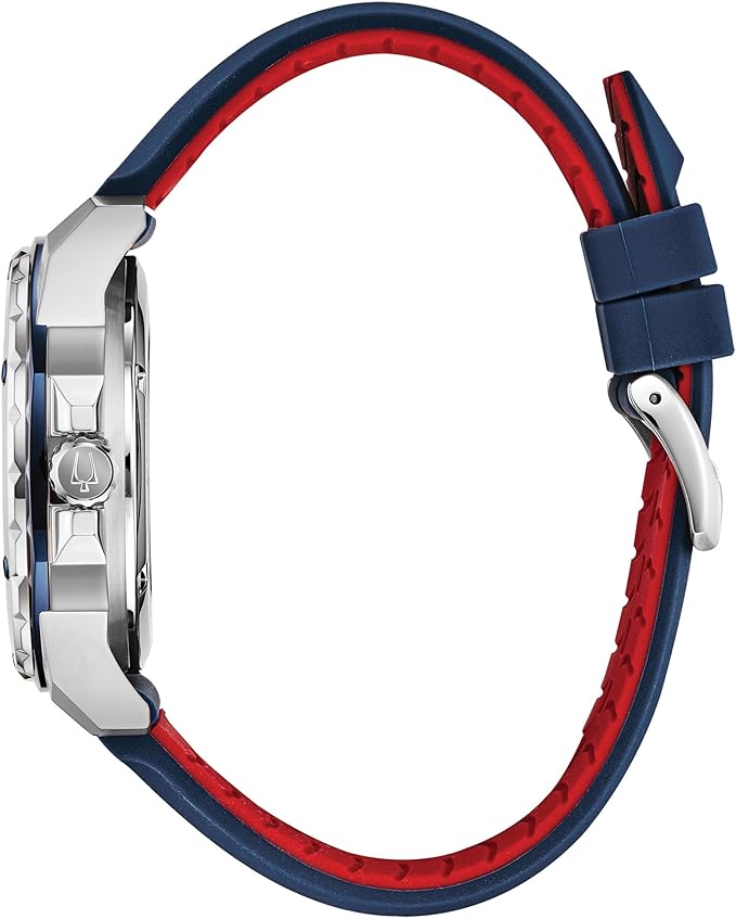 Bulova Men's Marine Star 'Series A' Automatic Stainless Steel Case with Blue Textured Silicone Strap, Open Aperture, Silver White Dial Model: 98A225 2