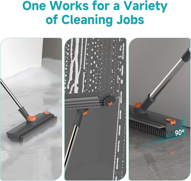 Floor Scrub Brush with Long Handle Length Adjustable, 3 in 1 Heavy-Duty Stiff 90° Bristle Floor Scrubber Broom with Squeegee, Cleaning Brush for Bathroom, Garage, Kitchen, Tile, Deck & Patio 3