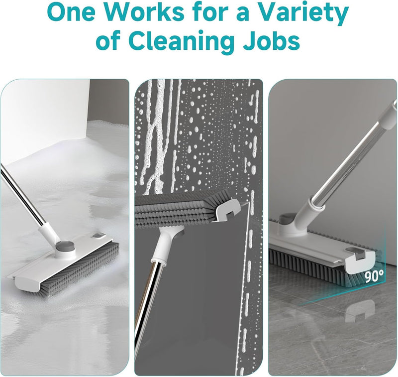 Floor Scrub Brush with Long Handle Length Adjustable, 3 in 1 Heavy-Duty Stiff 90° Bristle Floor Scrubber Broom with Squeegee, Cleaning Brush for Bathroom, Garage, Kitchen, Tile, Deck & Patio 9