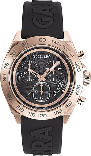 Ferragamo Urban Chrono Collection Luxury Mens Watch Timepieces with a Black Strap and Dial Featuring a Rose Gold Case