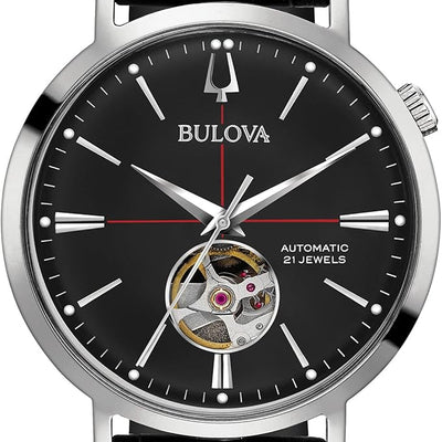 Bulova Men's Classic Aerojet 3-Hand Automatic Leather Strap Watch, Open Aperture, 40-Hour Power Reserve, Double Curved Mineral Crystal, 41mm