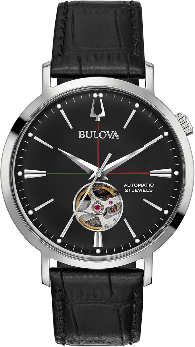 Bulova Men's Classic Aerojet 3-Hand Automatic Leather Strap Watch, Open Aperture, 40-Hour Power Reserve, Double Curved Mineral Crystal, 41mm 1