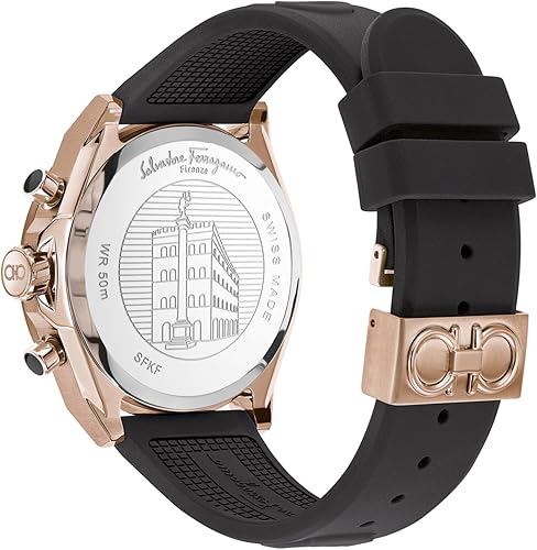 Ferragamo Urban Chrono Collection Luxury Mens Watch Timepieces with a Black Strap and Dial Featuring a Rose Gold Case