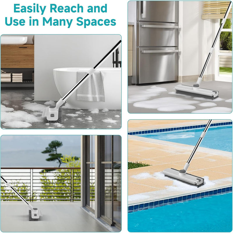 Floor Scrub Brush with Long Handle Length Adjustable, 3 in 1 Heavy-Duty Stiff 90° Bristle Floor Scrubber Broom with Squeegee, Cleaning Brush for Bathroom, Garage, Kitchen, Tile, Deck & Patio 13