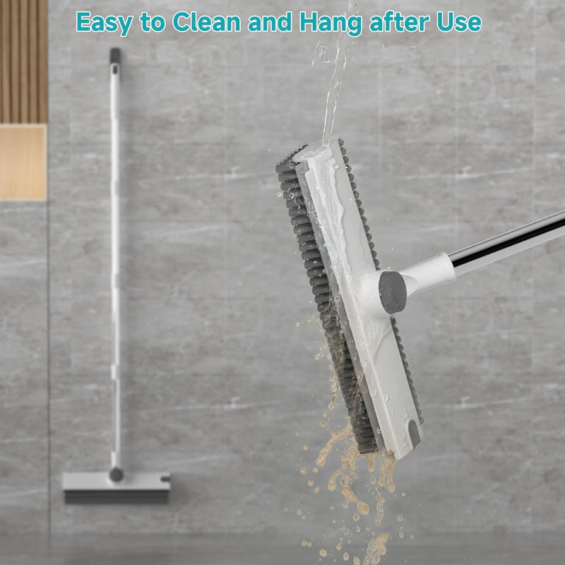 Floor Scrub Brush with Long Handle Length Adjustable, 3 in 1 Heavy-Duty Stiff 90° Bristle Floor Scrubber Broom with Squeegee, Cleaning Brush for Bathroom, Garage, Kitchen, Tile, Deck & Patio 14