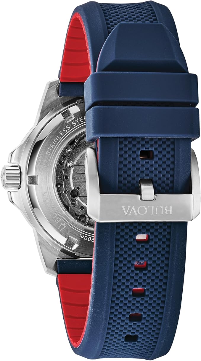 Bulova Men's Marine Star 'Series A' Automatic Stainless Steel Case with Blue Textured Silicone Strap, Open Aperture, Silver White Dial Model: 98A225 3