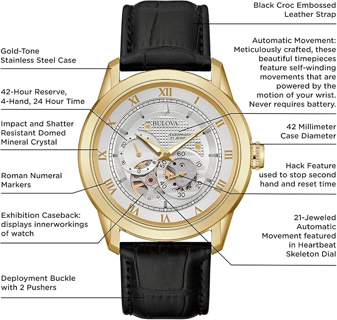 Bulova Men's Classic Sutton 4-Hand Automatic Watch, 24-Hour Sub Dial, Open Aperture, Self-Winding, Exhibition Caseback, Double Curved Mineral Crystal, Luminous Hands, 42mm 6