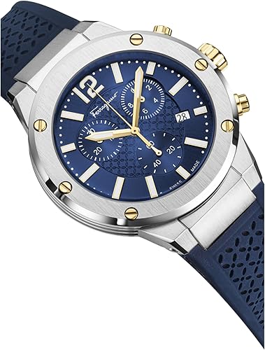 Ferragamo F-80 Chrono Collection Luxury Mens Watch Timepieces with a Black Strap Featuring a Stainless Steel Case and a Blue Dial