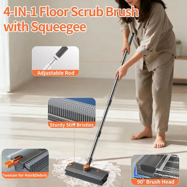 Scrub Brush With Long Handle, Floor Scrub Brush Squeegee Broom For Cleaning, 3 In 1 Shower Scrubber Floor Broom Squeegee For Concrete Tile Wall Deck Patio Grey 5