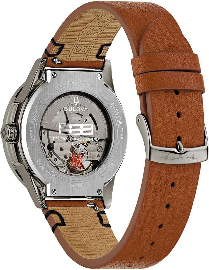 Bulova Men's Automatic Frank Lloyd Wright 'Toufic H. Kalil House', Ion-Plated Stainless Steel Case with Leather Strap, Special Patterned Dial & Exhibition Case Back (Style: 98A330) 3