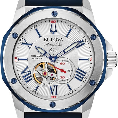 Bulova Men's Marine Star 'Series A' Automatic Stainless Steel Case with Blue Textured Silicone Strap, Open Aperture, Silver White Dial Model: 98A225
