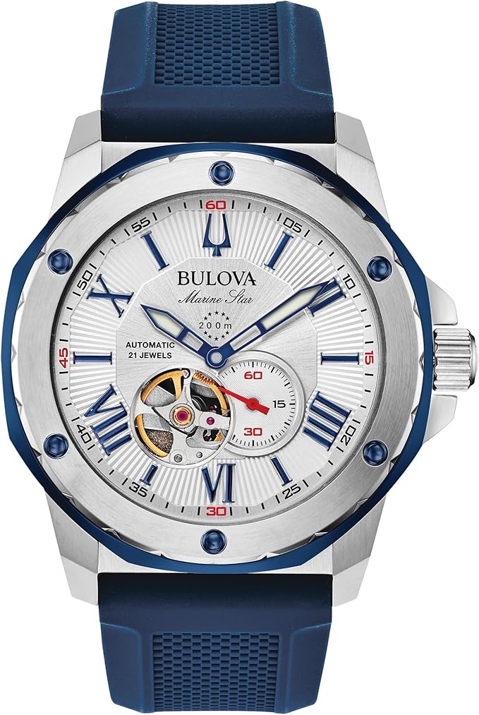Bulova Men's Marine Star 'Series A' Automatic Stainless Steel Case with Blue Textured Silicone Strap, Open Aperture, Silver White Dial Model: 98A225 1