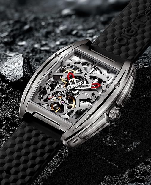 CIGA Design Skeleton Watch Z Series Titanium Automatic Mechanical Wristwatch Sapphire Tonneau Analog Men's Watches 3ATM Waterproof with Removable Silicone and Leather Strap Unisex Steampunk Gift
