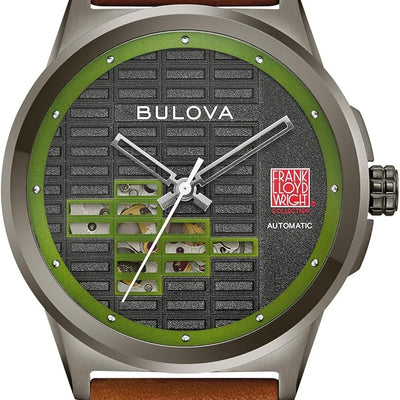Bulova Men's Automatic Frank Lloyd Wright 'Toufic H. Kalil House', Ion-Plated Stainless Steel Case with Leather Strap, Special Patterned Dial & Exhibition Case Back (Style: 98A330)