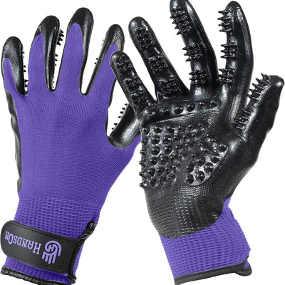 H HANDSON Pet Grooming Gloves - Patented #1 Ranked, Award Winning Shedding, Bathing, & Hair Remover Gloves - Gentle Brush for Cats, Dogs, and Horses (Purple, Medium)