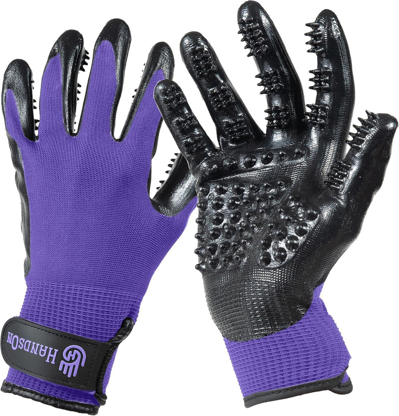 H HANDSON Pet Grooming Gloves - Patented #1 Ranked, Award Winning Shedding, Bathing, & Hair Remover Gloves - Gentle Brush for Cats, Dogs, and Horses (Purple, Medium) 1