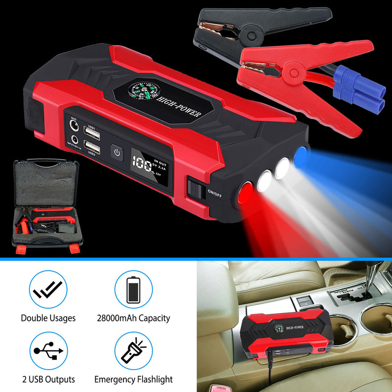 Car Jump Starter Booster 800A Peak 28000mAh 12V Battery Charger Up To 6.0L Gas Or 3.0L Diesel Engine With LCD Screen 4 Modes LED Flashlight 11