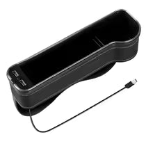 New car gap storage box with 2 USB chargers, colorful LED seat gap organizer, phone holder, cup and bottle holder