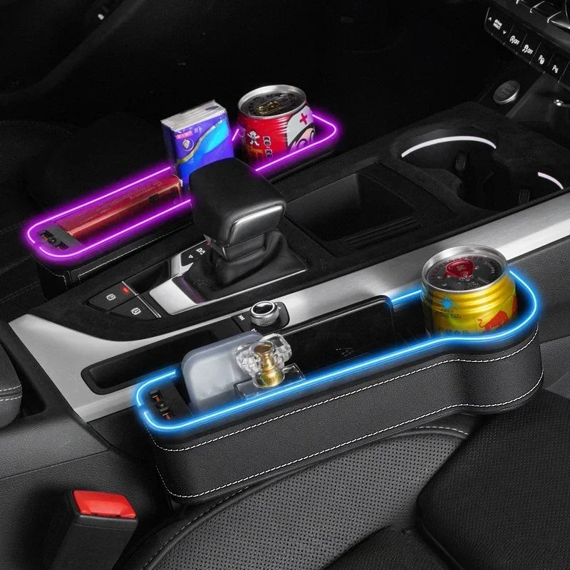 New car gap storage box with 2 USB chargers, colorful LED seat gap organizer, phone holder, cup and bottle holder 14