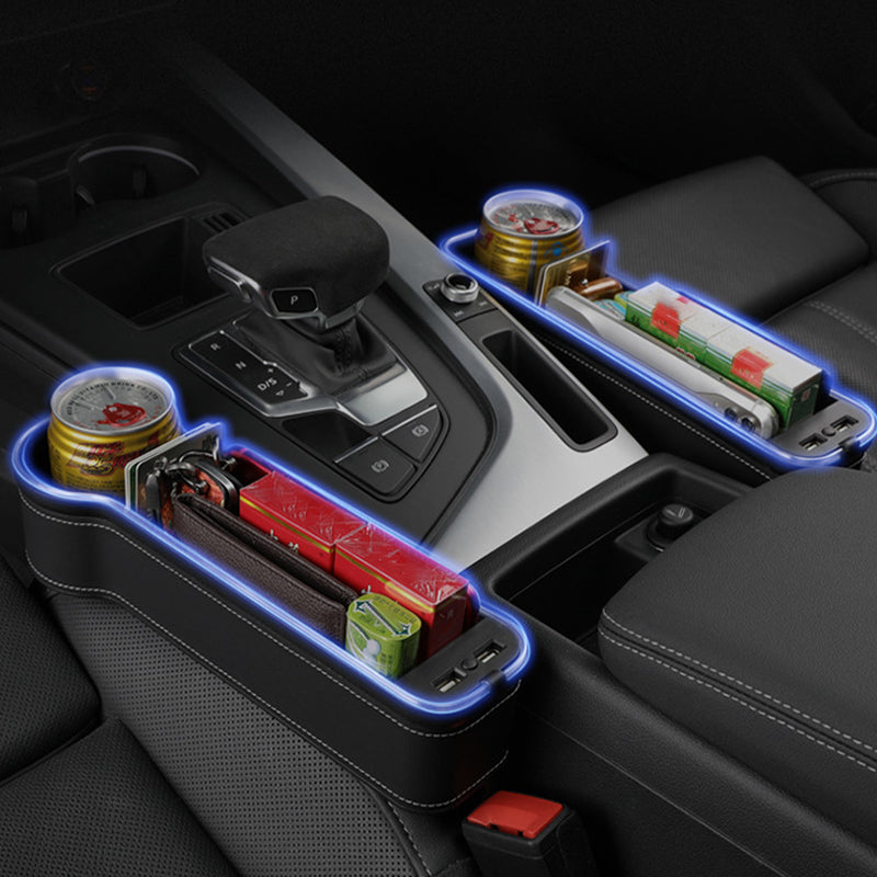 New car gap storage box with 2 USB chargers, colorful LED seat gap organizer, phone holder, cup and bottle holder 15
