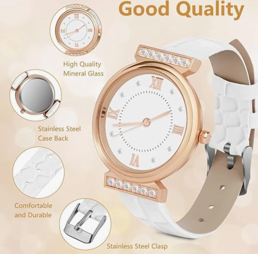 Women’s White Leather Strap Watch – Elegant & Fresh