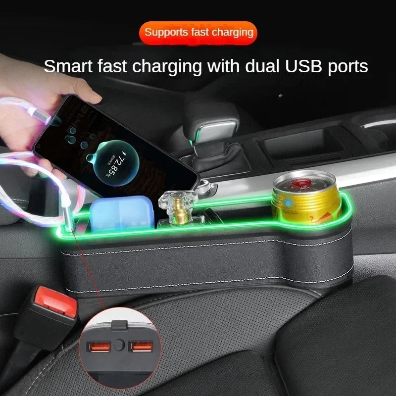 New car gap storage box with 2 USB chargers, colorful LED seat gap organizer, phone holder, cup and bottle holder 18