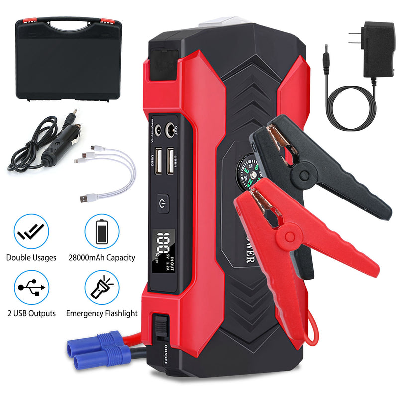 Car Jump Starter Booster 800A Peak 28000mAh 12V Battery Charger Up To 6.0L Gas Or 3.0L Diesel Engine With LCD Screen 4 Modes LED Flashlight 1