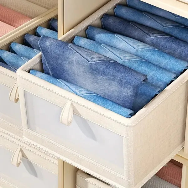 Foldable Clothes Storage Box With Viewing Window - Heavy-Duty Organizer Box, Stackable Closet Organizer For Wardrobe, Under-Bed, Shelf - Space-Saving Closet Storage Solution In Nano White -Linen Style 7