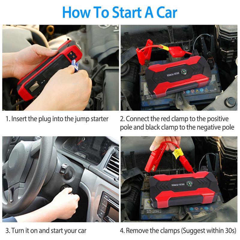 Car Jump Starter Booster 800A Peak 28000mAh 12V Battery Charger Up To 6.0L Gas Or 3.0L Diesel Engine With LCD Screen 4 Modes LED Flashlight 4